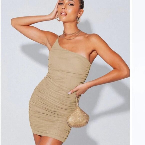 Princess Polly Jocasta Mesh  Ruched One Shoulder Mini Dress Tan Size 6 - Picture 1 of 8